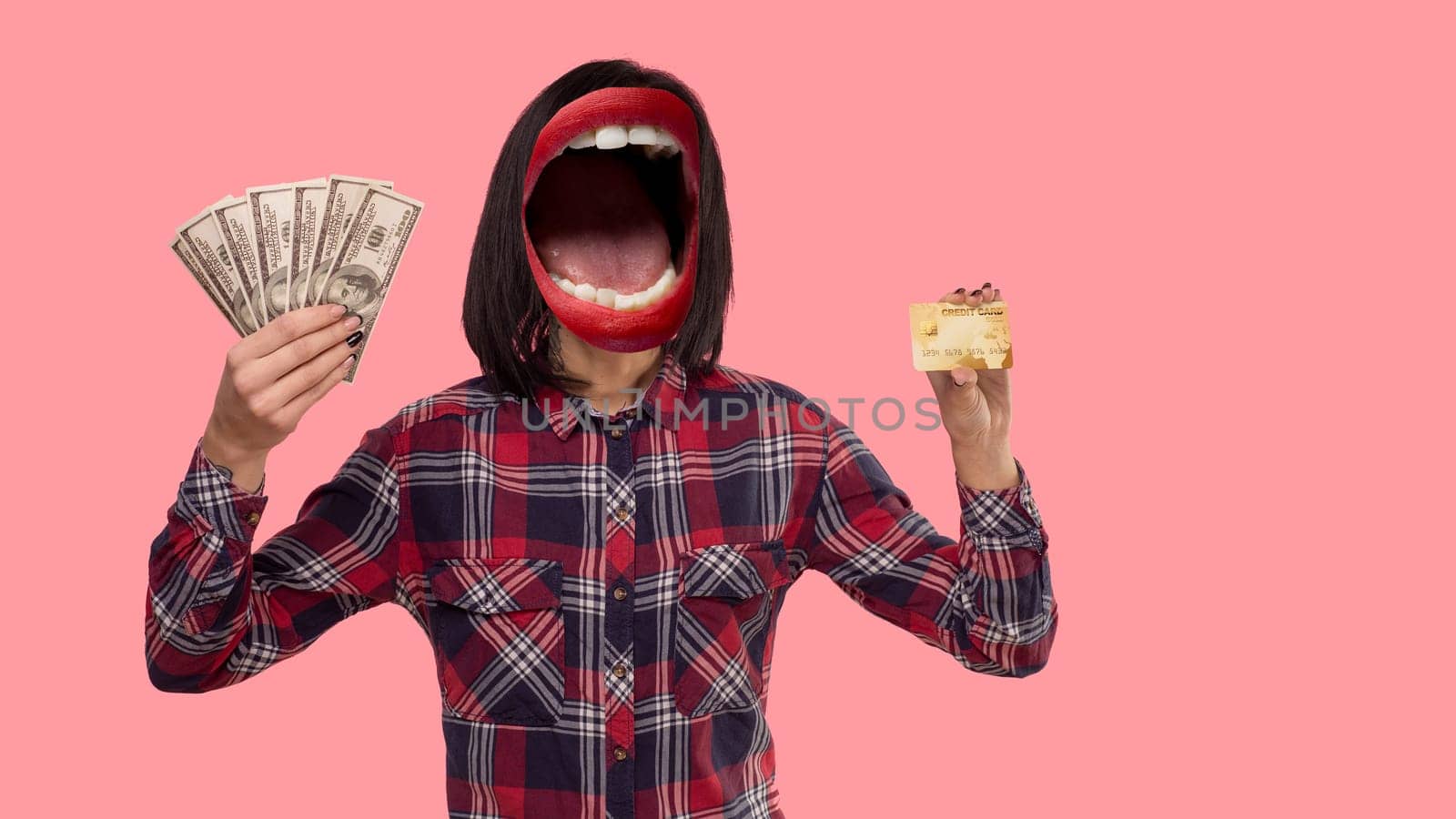 Contemporary art collage. Composition with young woman headed of female mouth showing credit card and dollar cash on pink background