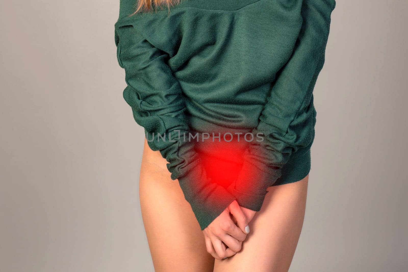 Menstrual pain, woman with stomachache suffering from pms , endometriosis, cystitis and other diseases of the urinary system, painful area highlighted in red by zartarn
