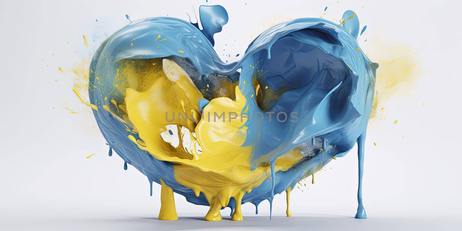 Splashes of blue and yellow paint in the shape of a heart. Ukraine. generative AI