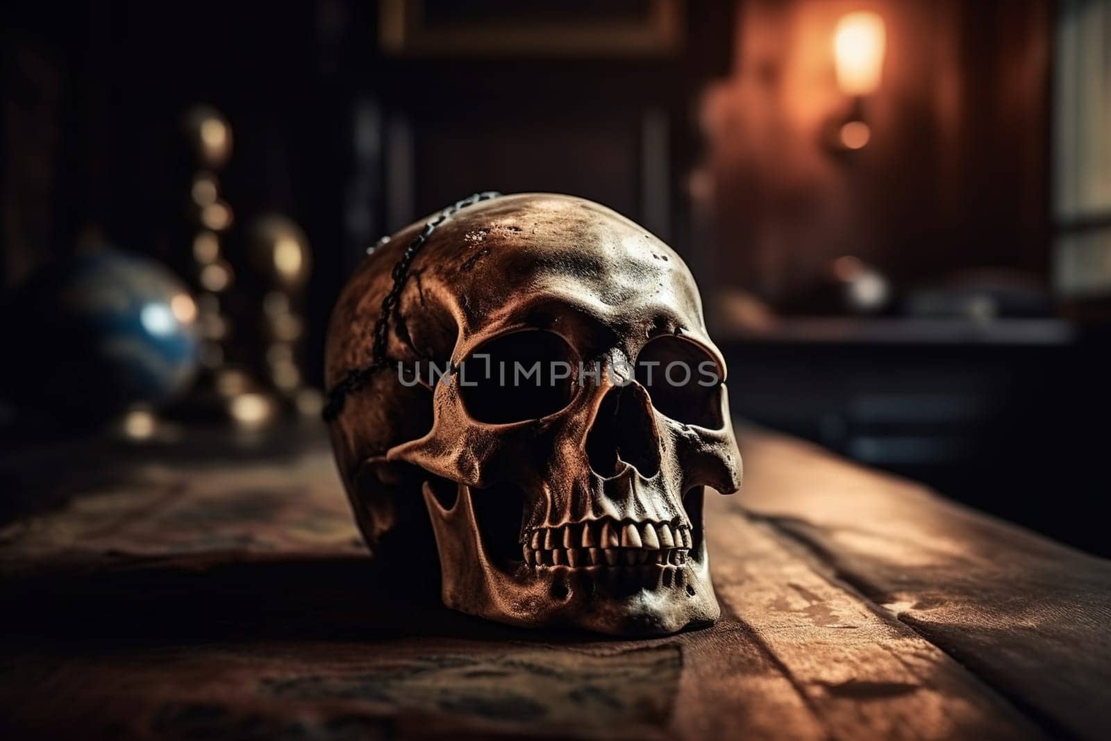 skull on a wooden table in a terrible and dangerous place, generative AI