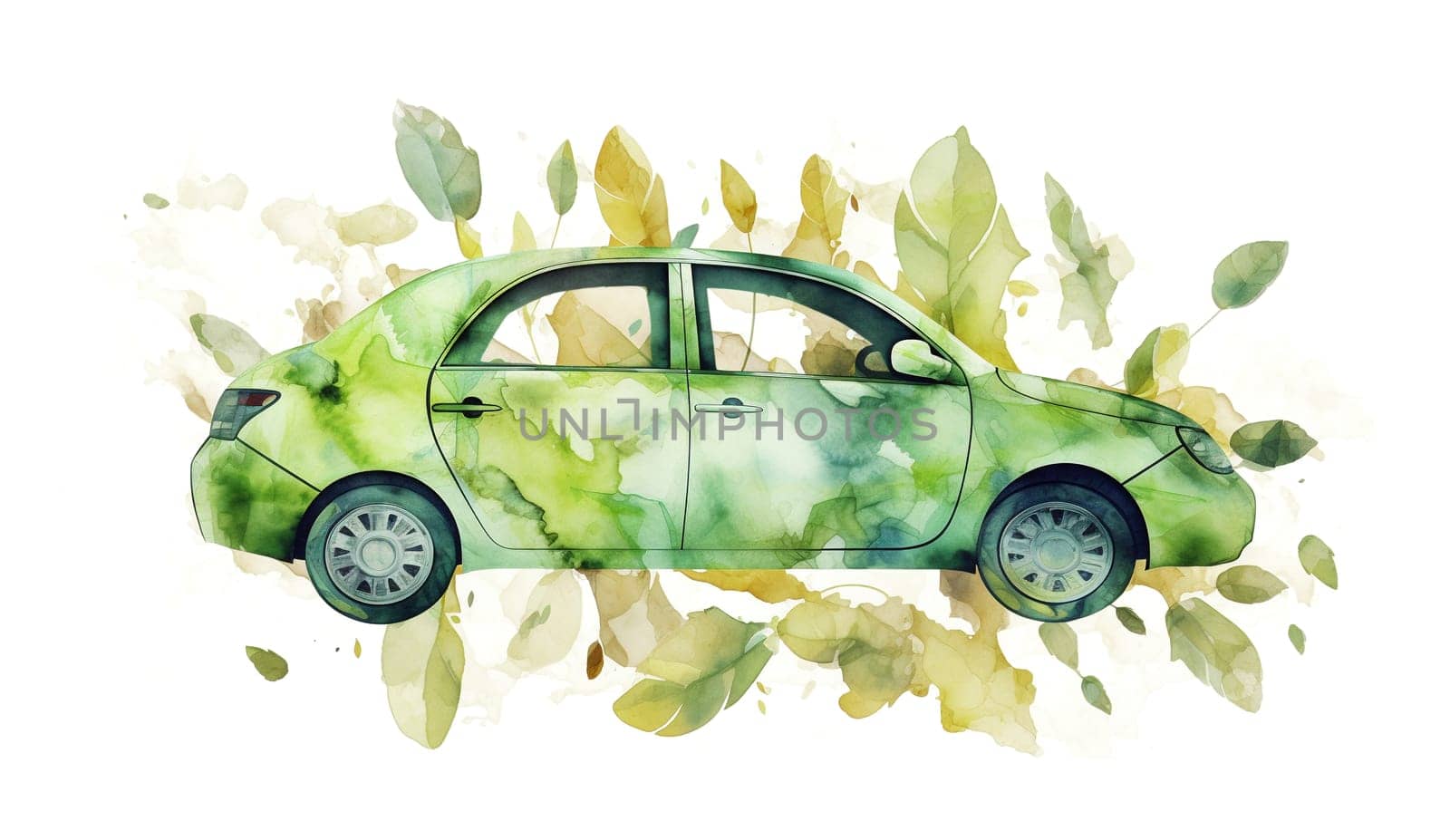 Watercolor illustration of green modern car amidst green foliage. Concept of eco-friendly transportation and sustainable future