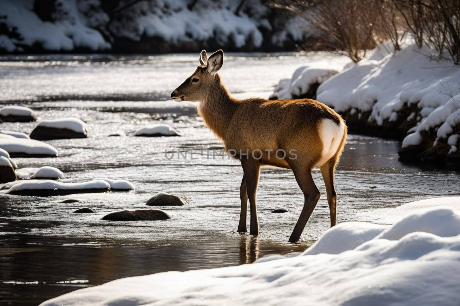 Doe At the river In Winter In Winter Showcases, The World Of Wild Animals