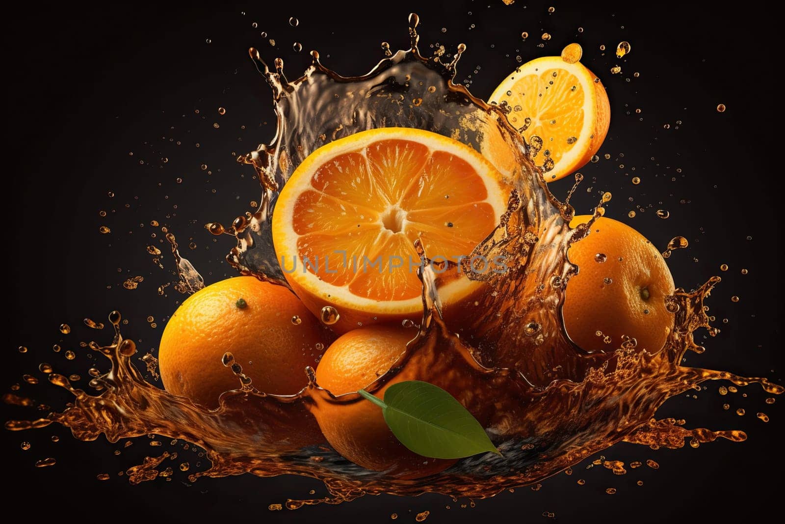 Fresh Oranges In Splashes And Drops Of Juice In Flight Stand Out Against A Dark Background