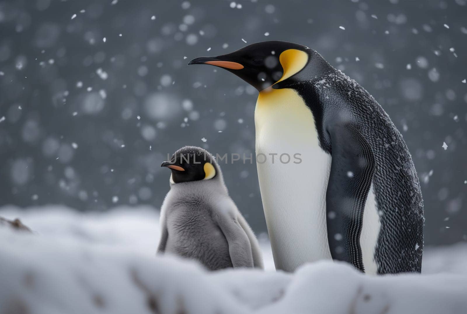 Adult Royal Penguin And Tiny Penguin Chick Under Falling Snow In Their Natural Habitat