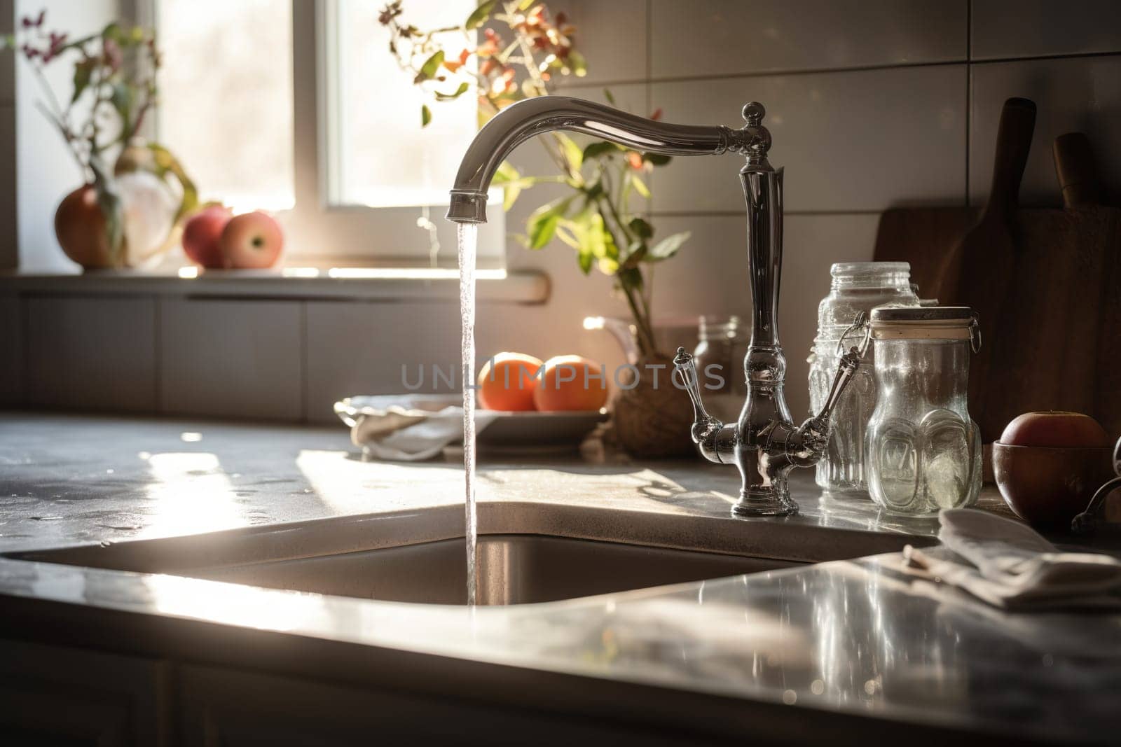 Fresh Morning Scene With Water Flowing From A Kitchen Faucet, Creating A Serene Atmosphere In A Well-Lit Kitchen