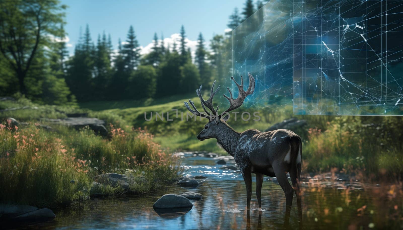 A stunning photograph captures a magnificent deer standing composedly in a flowing stream of water. The serene scene showcases the animals elegance as it navigates the tranquil environment.