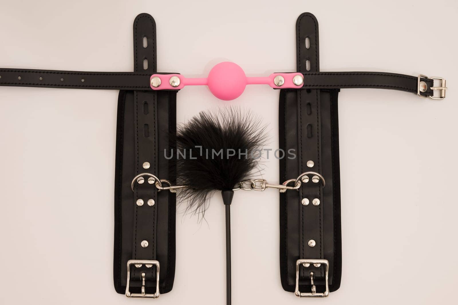 Leather Handcuffs, Feathered and ball gag fetish equipment by zartarn