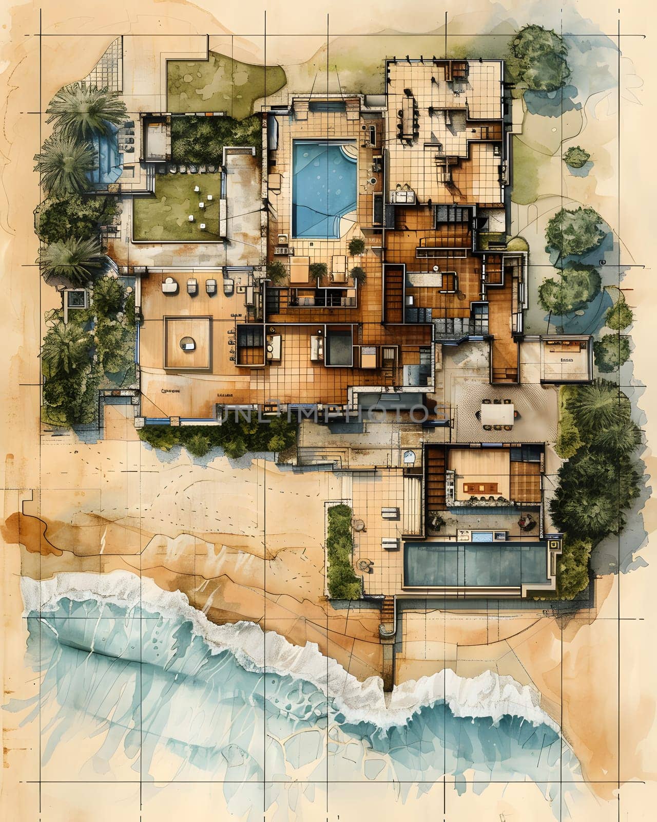 A beautiful painting of a rectangular beach house from an urban design perspective, capturing the landscape in a stunning visual arts illustration