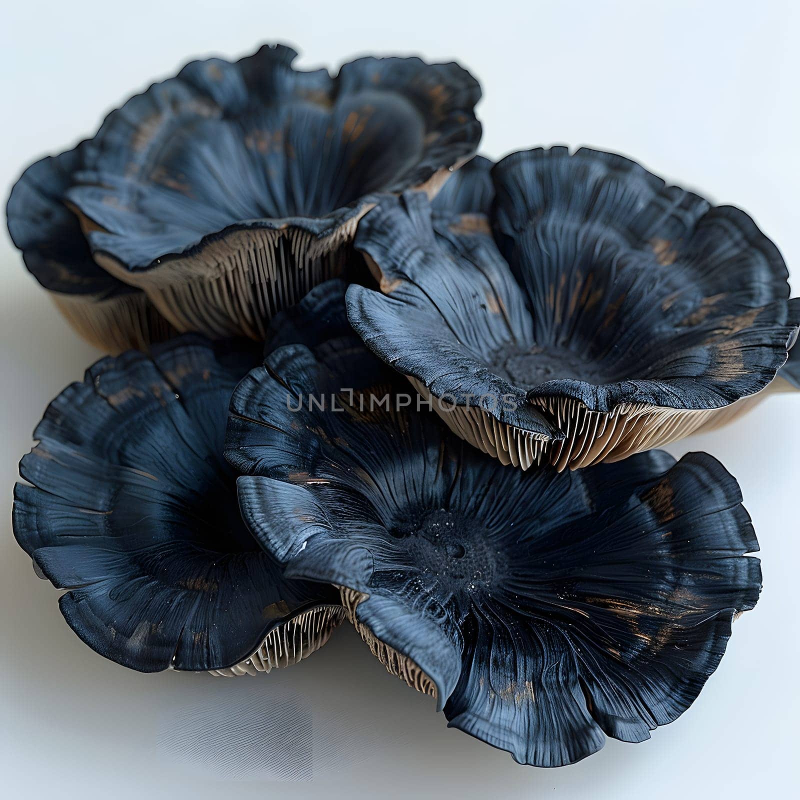 A fashion accessory made of electric blue patterned invertebrate fur resembling a bunch of black flowers on a white surface, styled as a hair bun cap