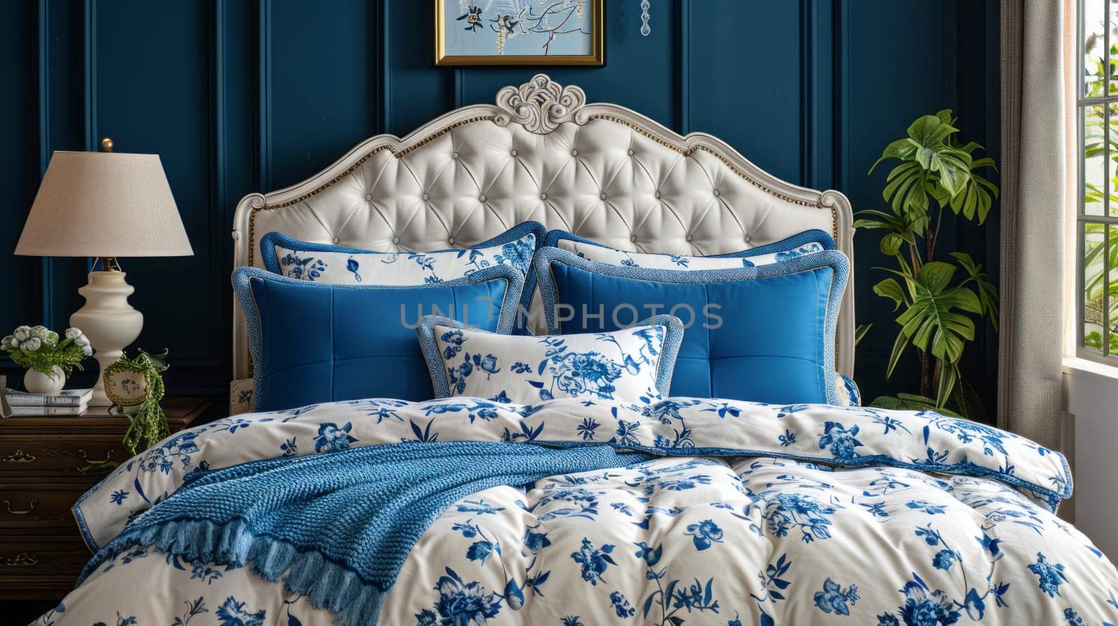 Bed with blue and white pillows and bedspreads. Interior design of a modern bedroom by NataliPopova