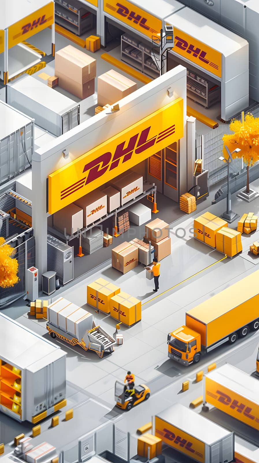An isometric view of a DHL warehouse with yellow trucks and boxes on the asphalt road, showcasing the combination of vehicles, building, and engineering