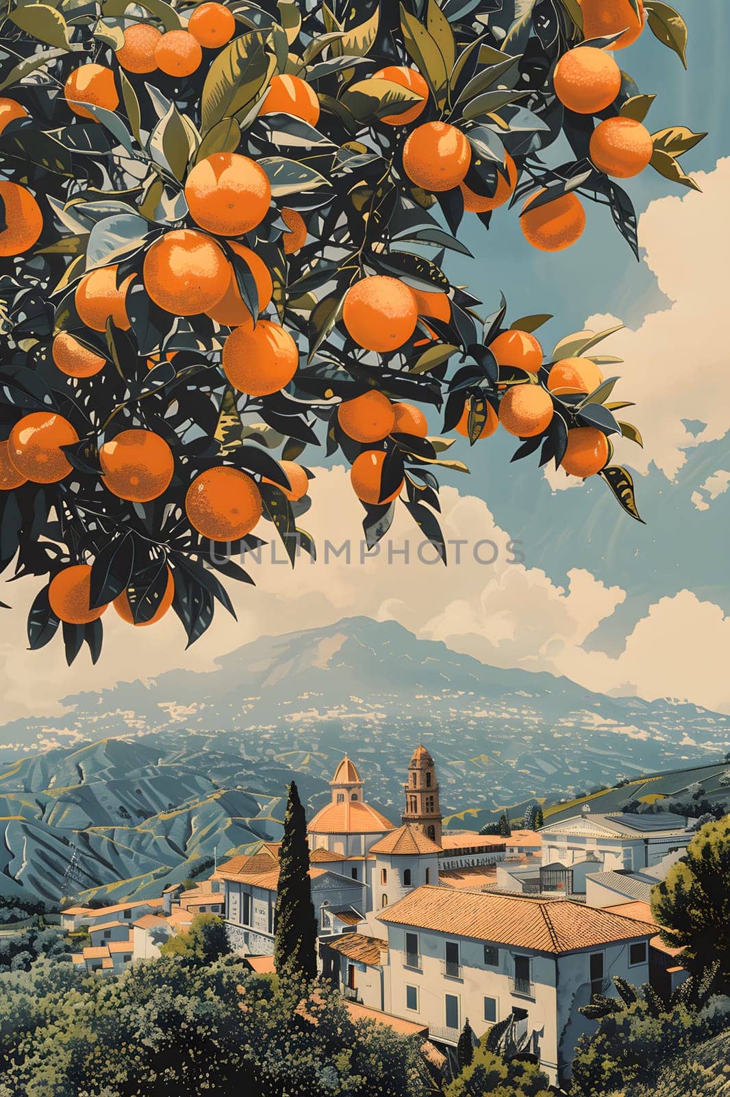An art piece showcasing ripe oranges hanging from a Valencia orange tree, set against a backdrop of a village under a clear sky, highlighting the beauty of nature and food