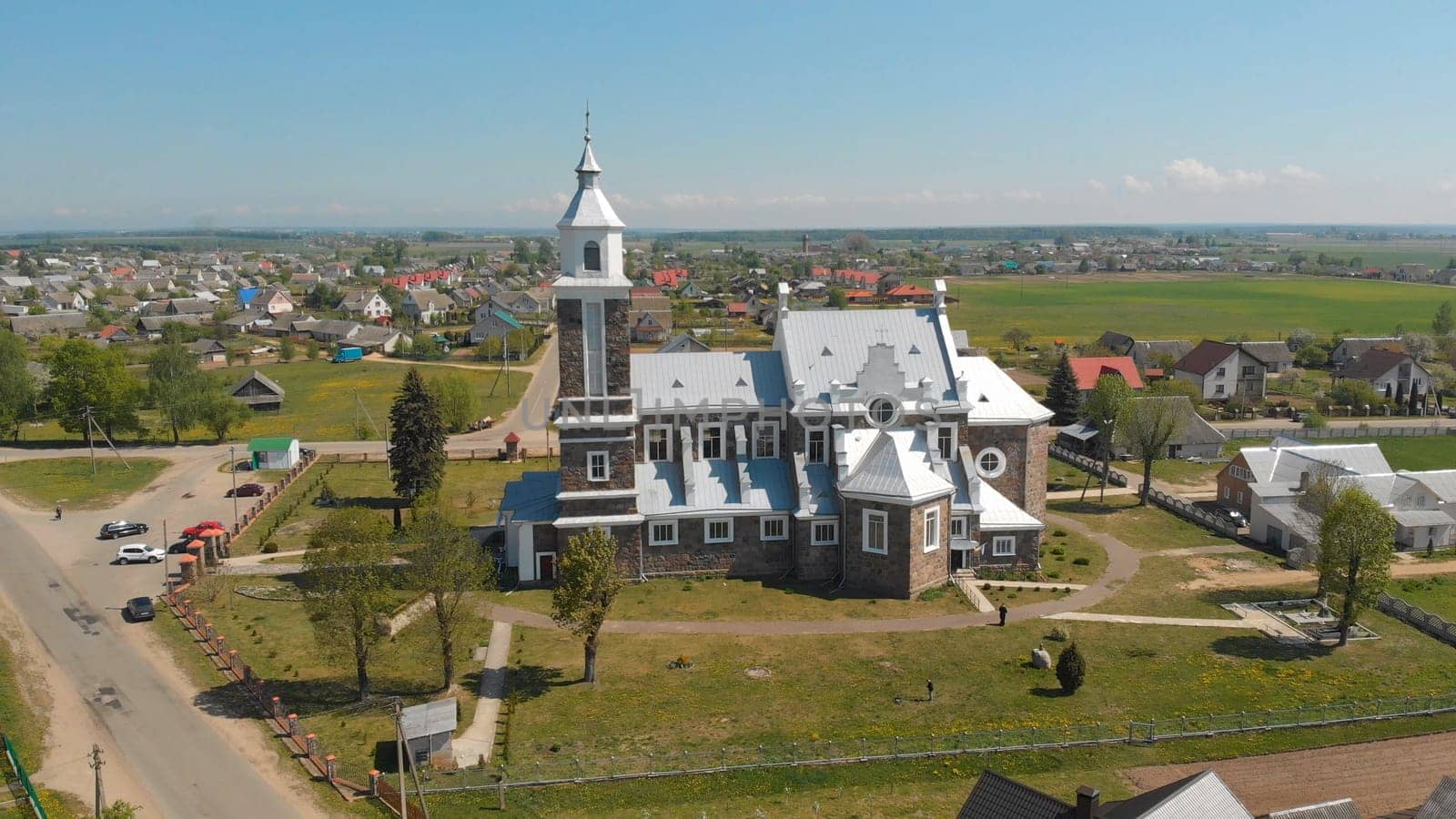 The Catholic Church of Our Lady of Ruzhantsova in the village of Radun. Belarus. Aerial view