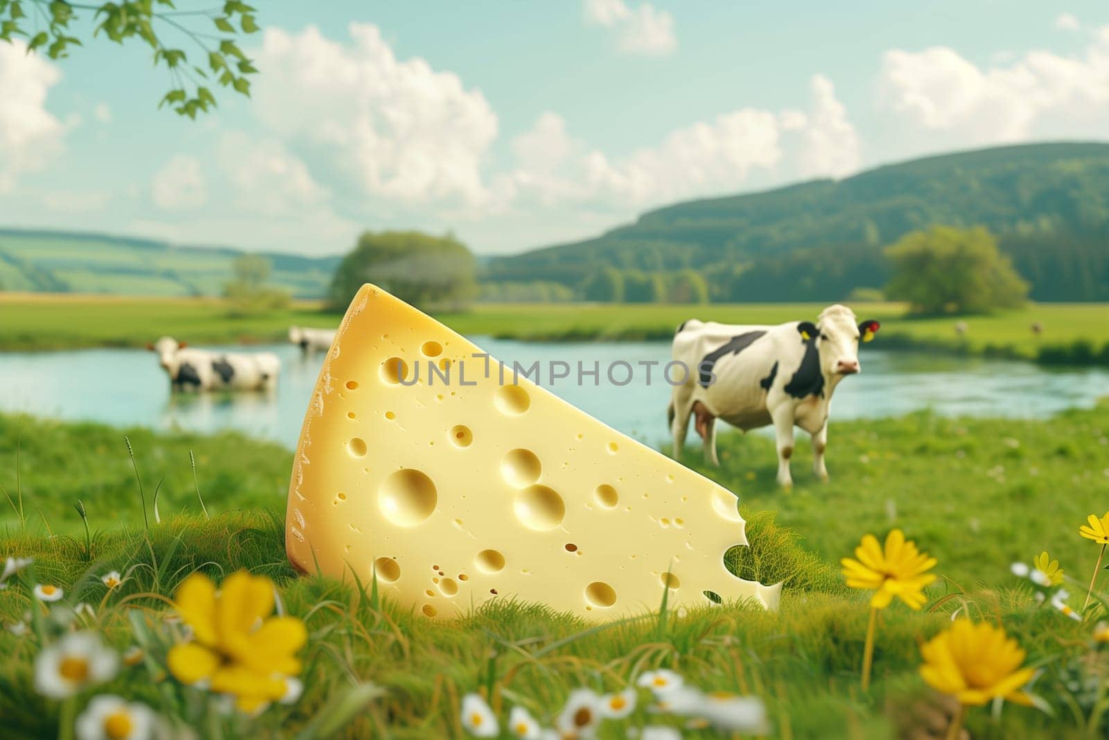 A piece of cheese lies on a bright green field, with cows grazing nearby.