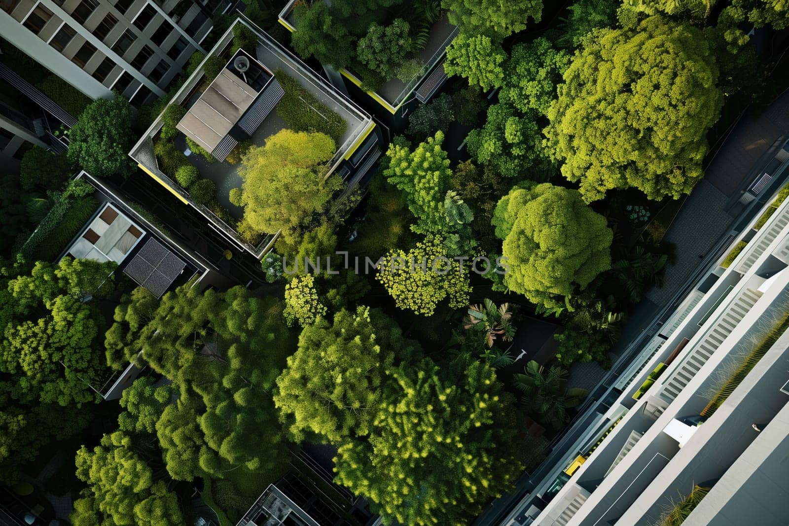 An aerial perspective of a park filled with numerous trees, showcasing a dense green canopy and lush vegetation.