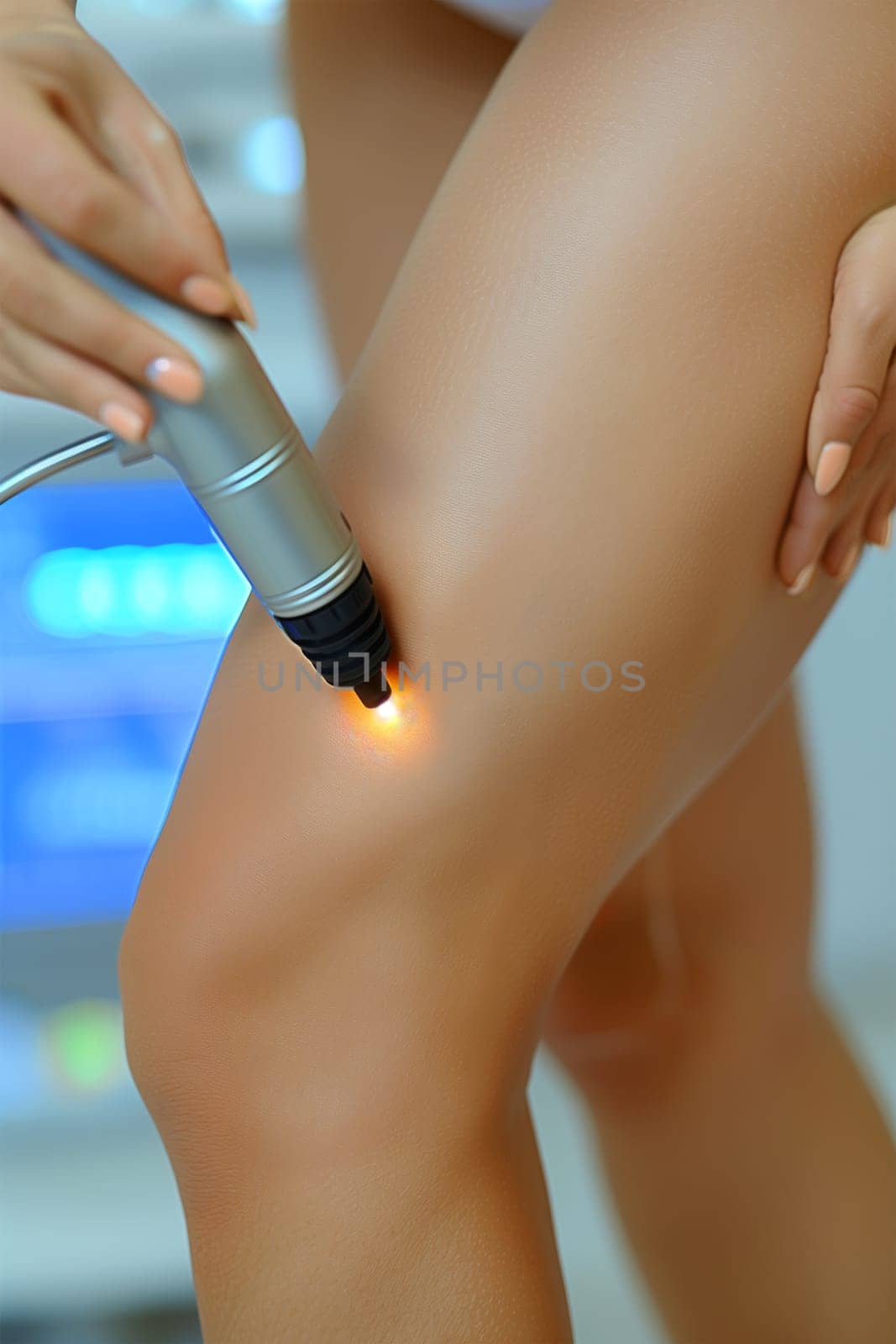 A woman is undergoing a leg examination using an electric medical device in a clinical setting.