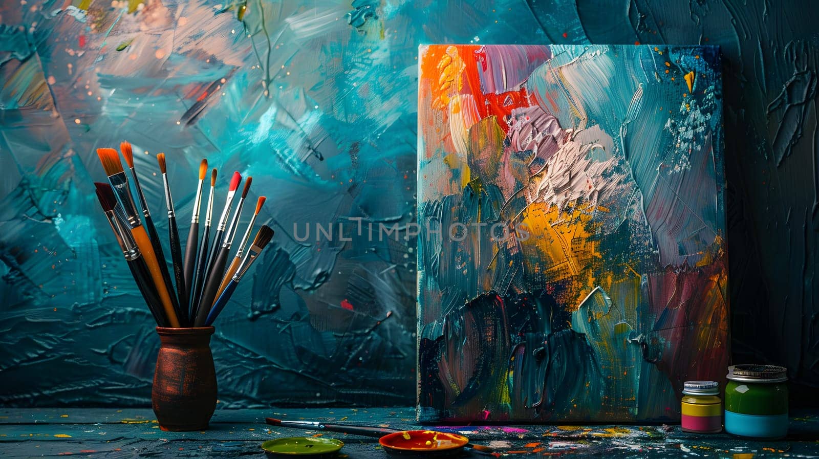 Colorful art paint and brushes sit next to a vase on a table by Nadtochiy