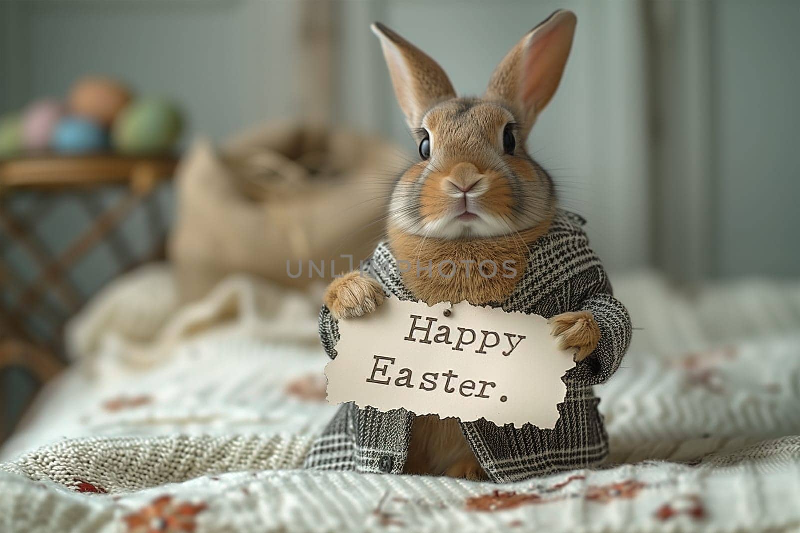 A rabbit standing upright and holding a sign that reads Happy Easter against a plain background.