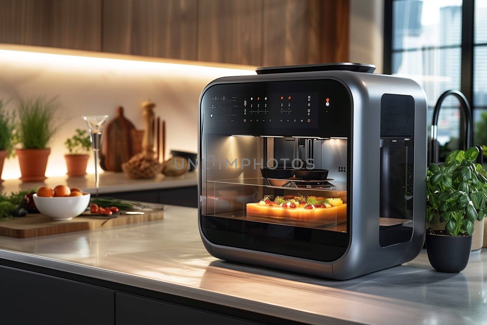 There is a home 3D printer in the kitchen that creates dishes. Futuristic house concept.