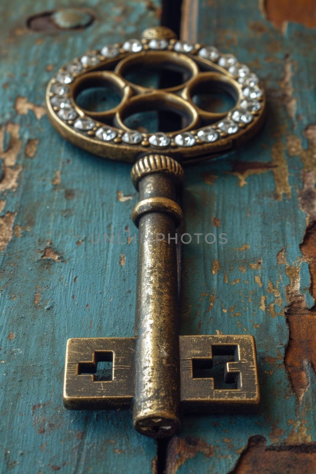 An old designer key with a lock decoration lies on a wooden background.