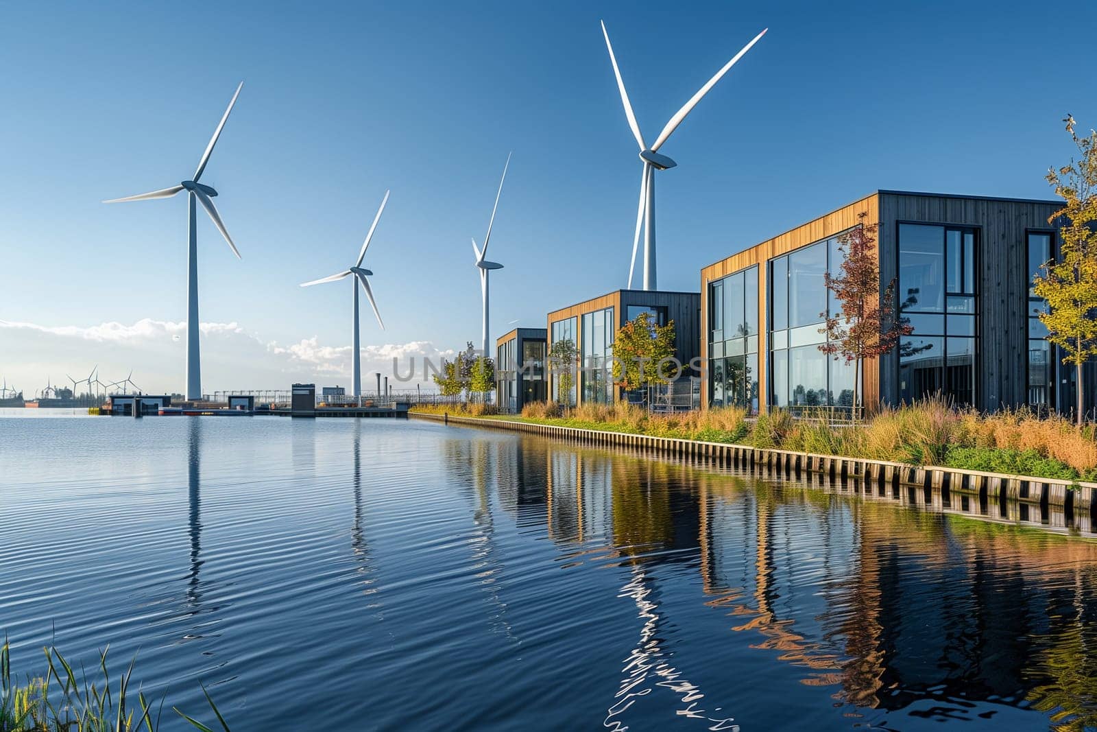 A line of wind turbines standing tall next to a body of water, harnessing wind energy under the cloudy skies.