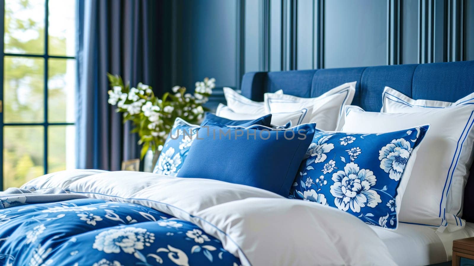 Bed with blue and white pillows and bedspreads. Interior design of a modern bedroom.
