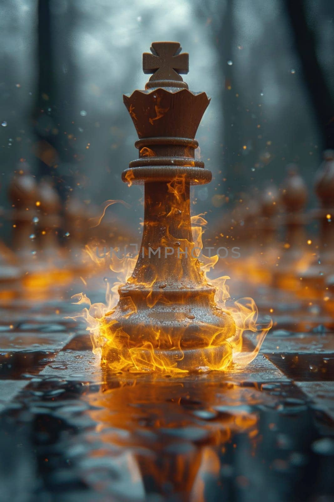 The chess king's piece is on fire in the street.