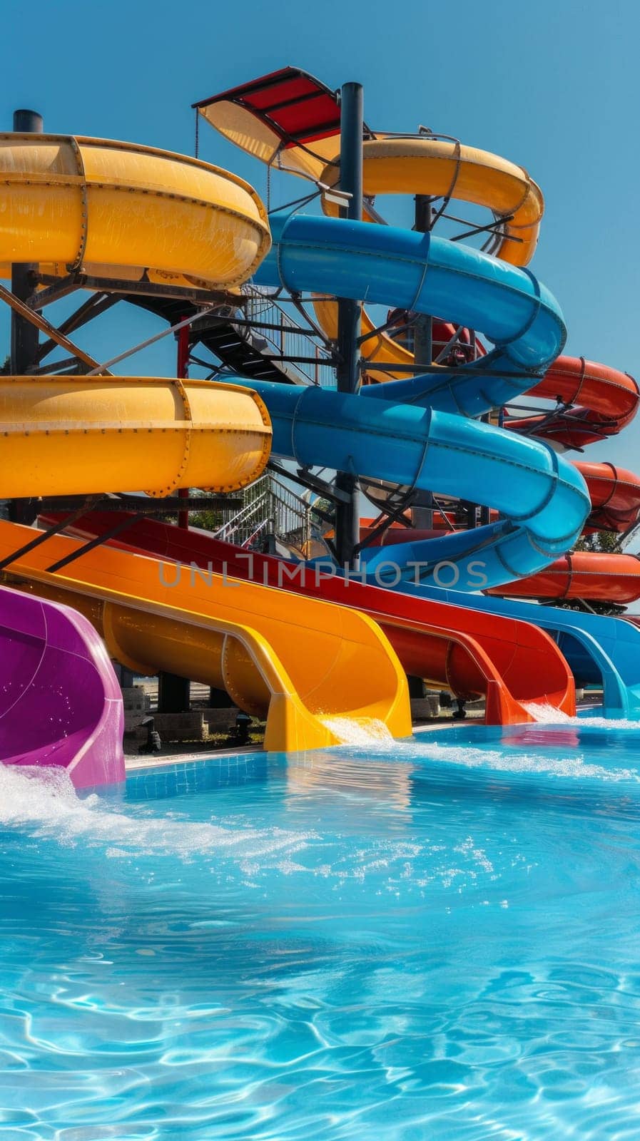 Water park in blue with many slides in the pool.