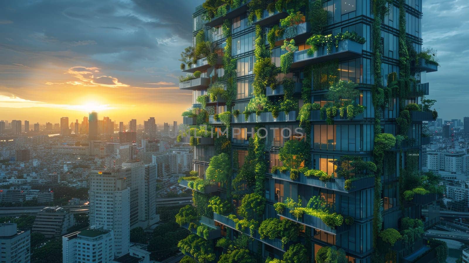 Eco-friendly skyline building of apartments. Green and sustainable innovation concept.