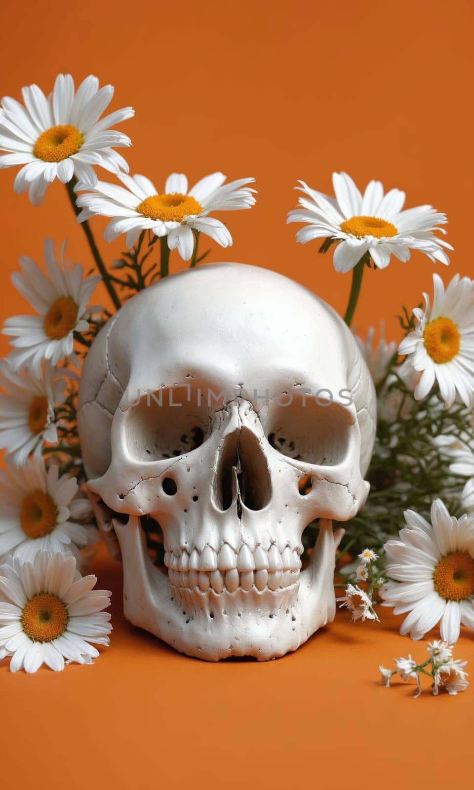 Skull and daisies on orange background. Halloween concept. by Andre1ns
