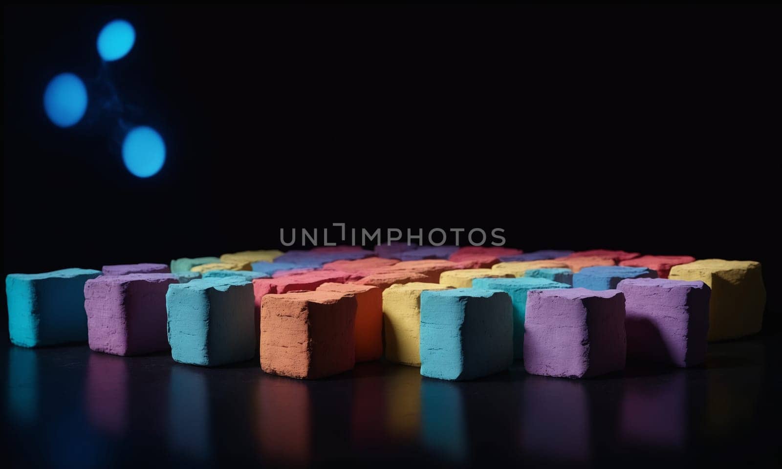 Colorful chalks on black background with bokeh effect