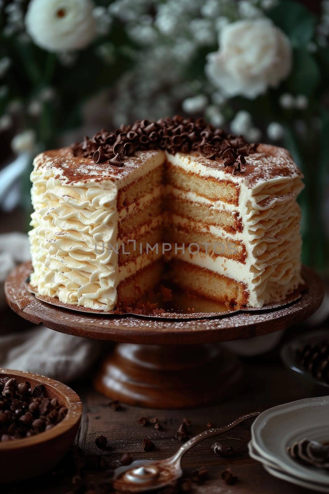 A stylish handmade cake with a cut-out piece stands on the stand of the kitchen table by Lobachad