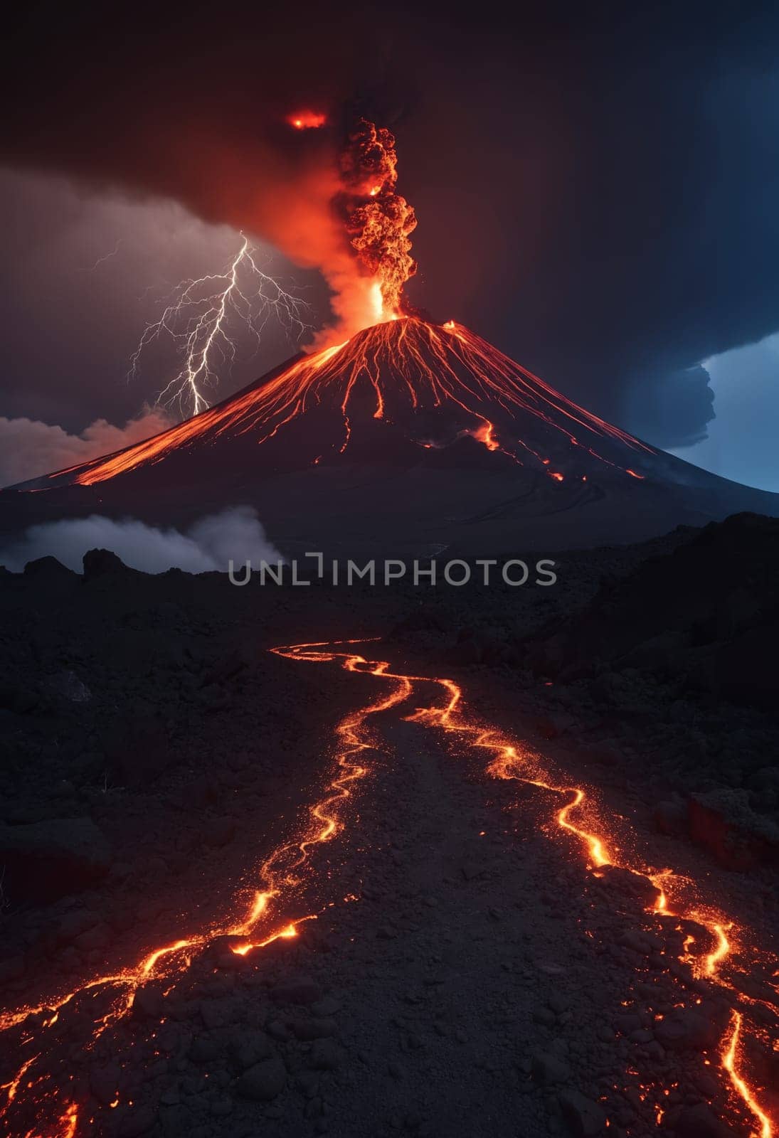 Strong volcanic eruption at night.