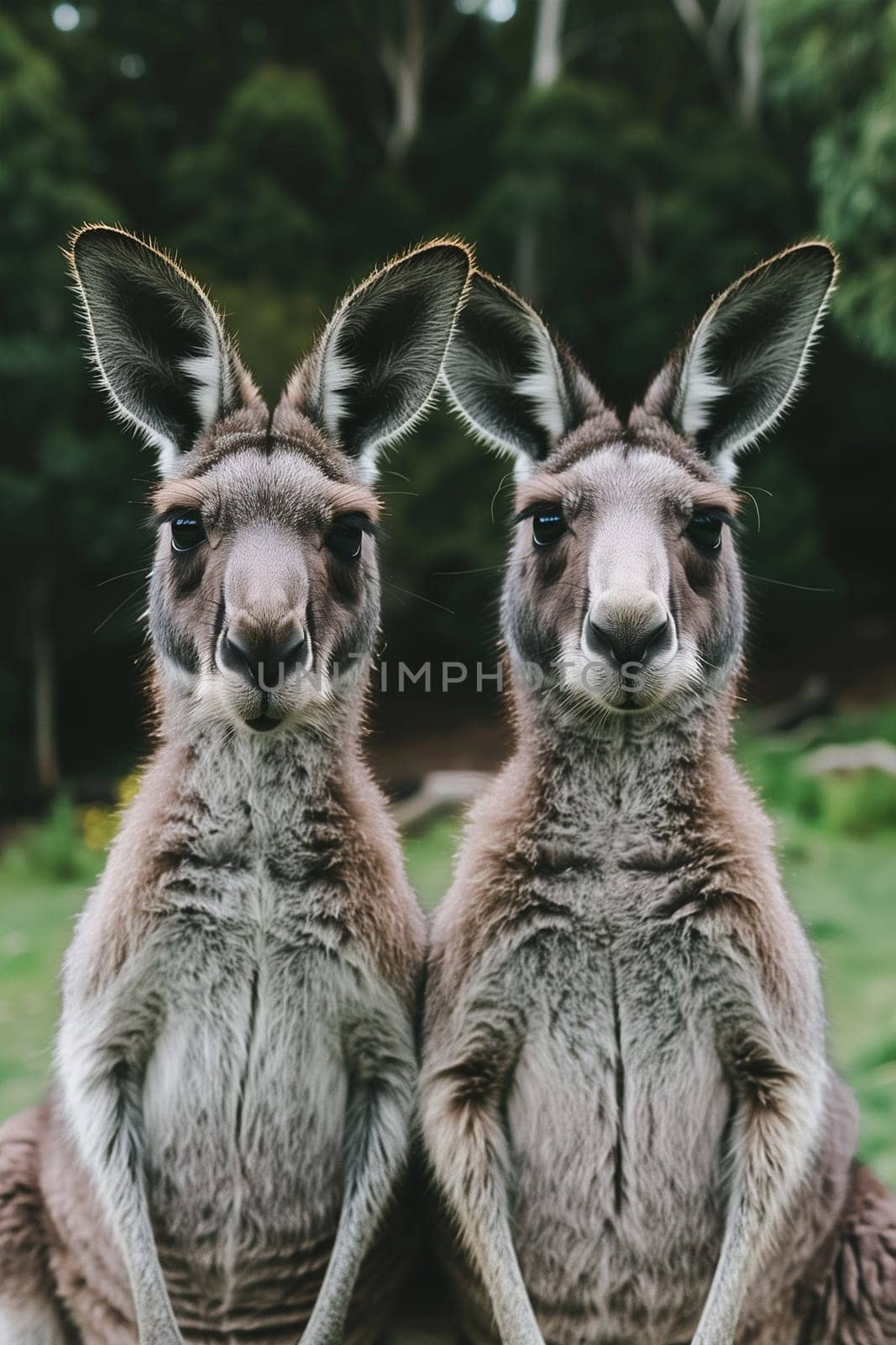 A pair of kangaroos standing side by side in their natural habitat.