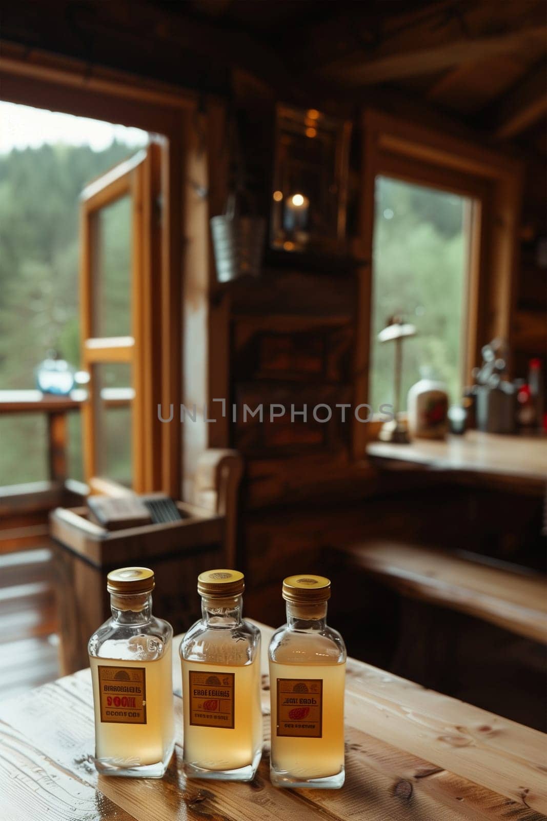 Three assorted bottles filled with liquid are placed on a rustic wooden table.