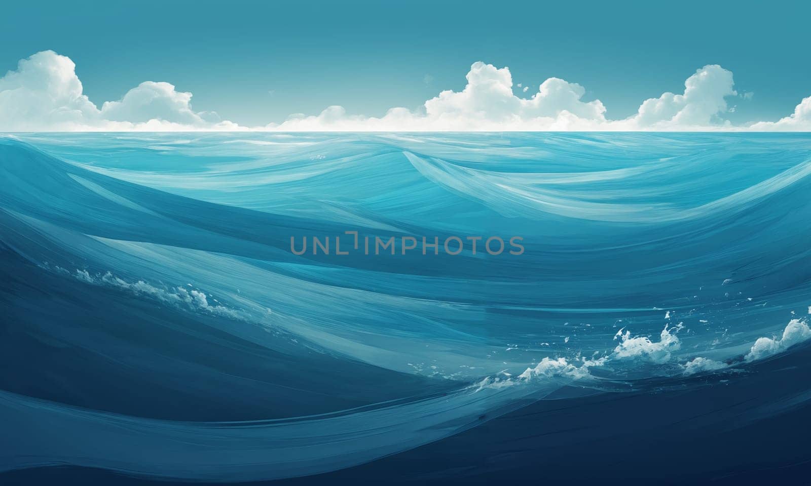 Blue ocean wave with white clouds and blue sky. illustration by Andre1ns