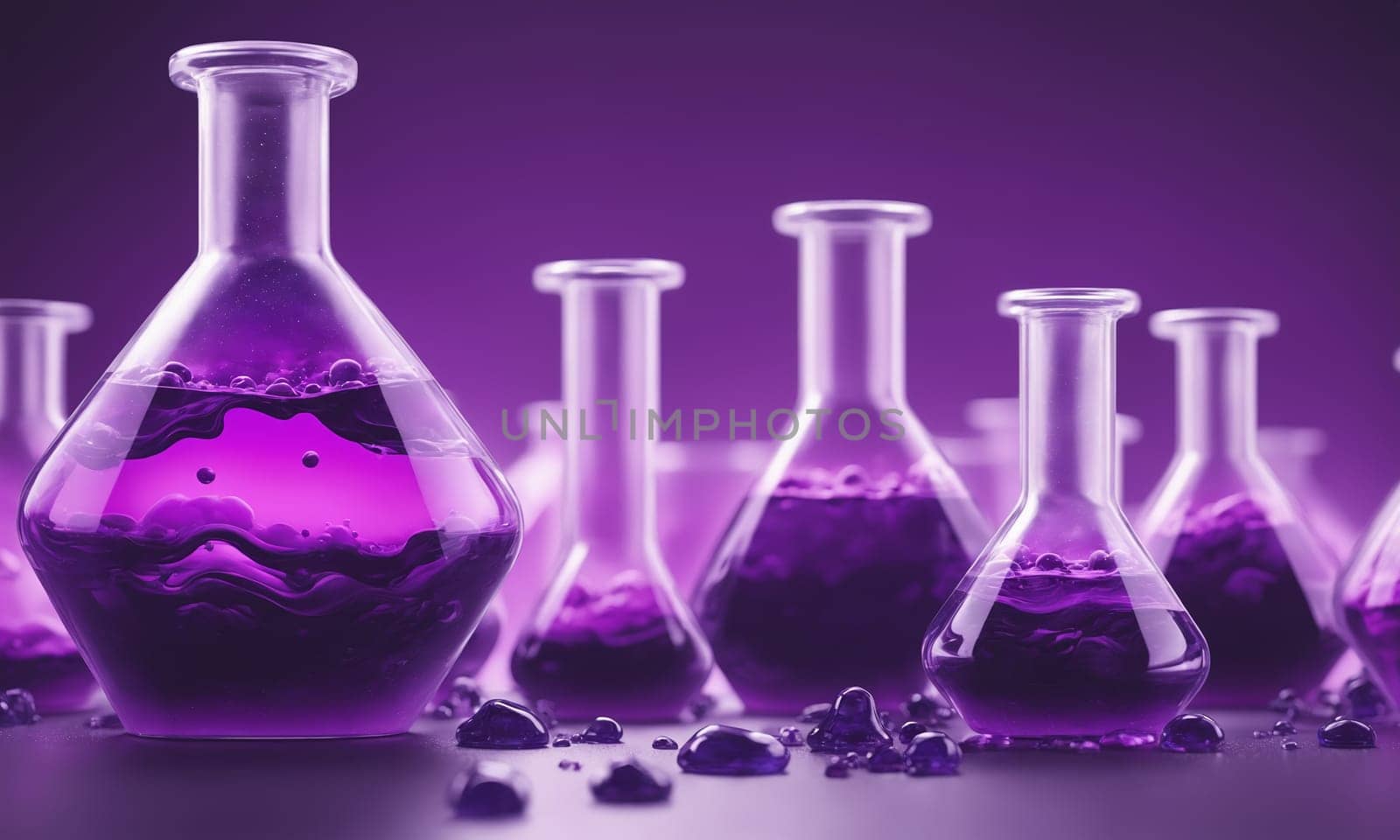 Laboratory glassware with purple liquid. Chemical laboratory research and development concept