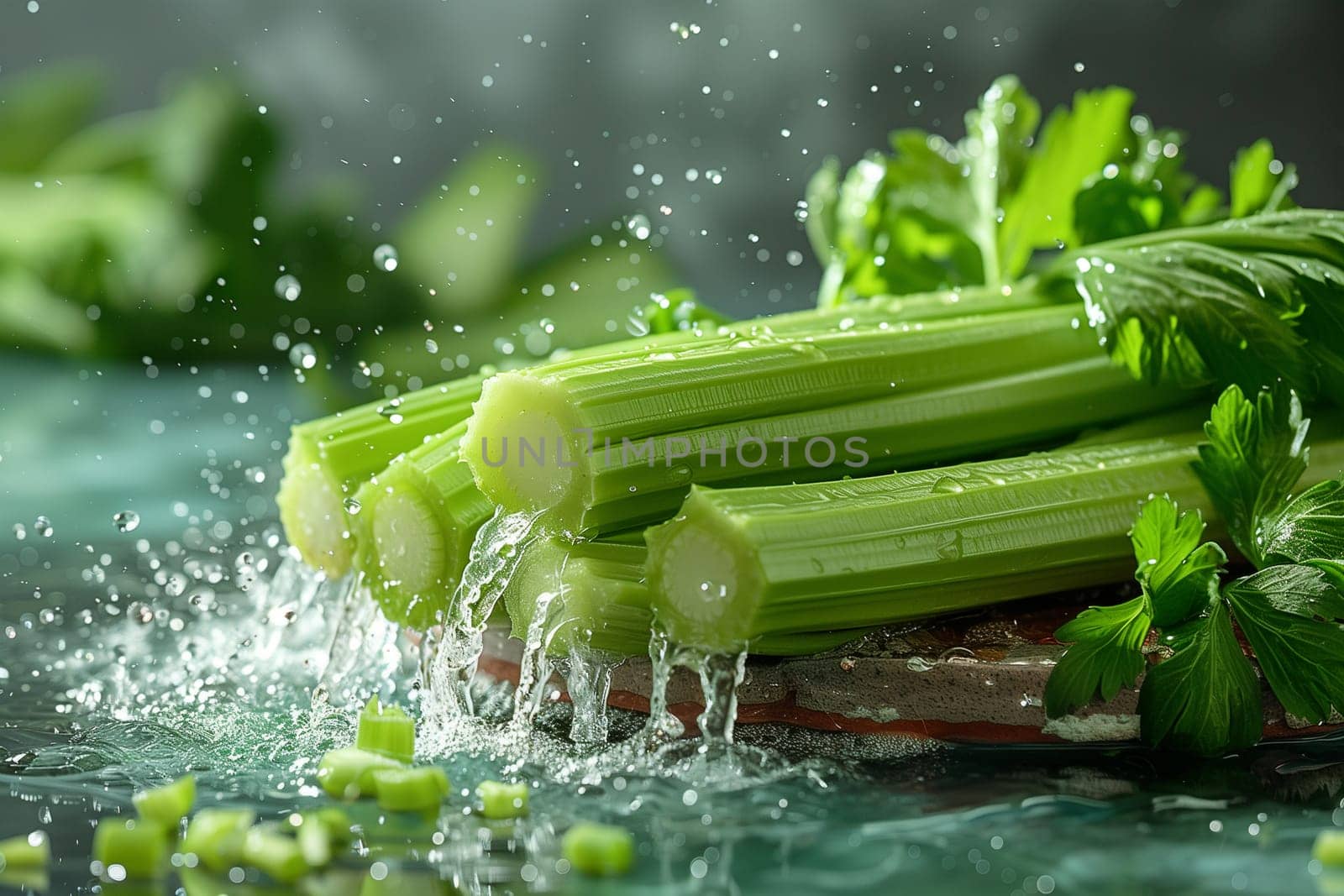 A stack of celery sticks neatly arranged on a wooden table.