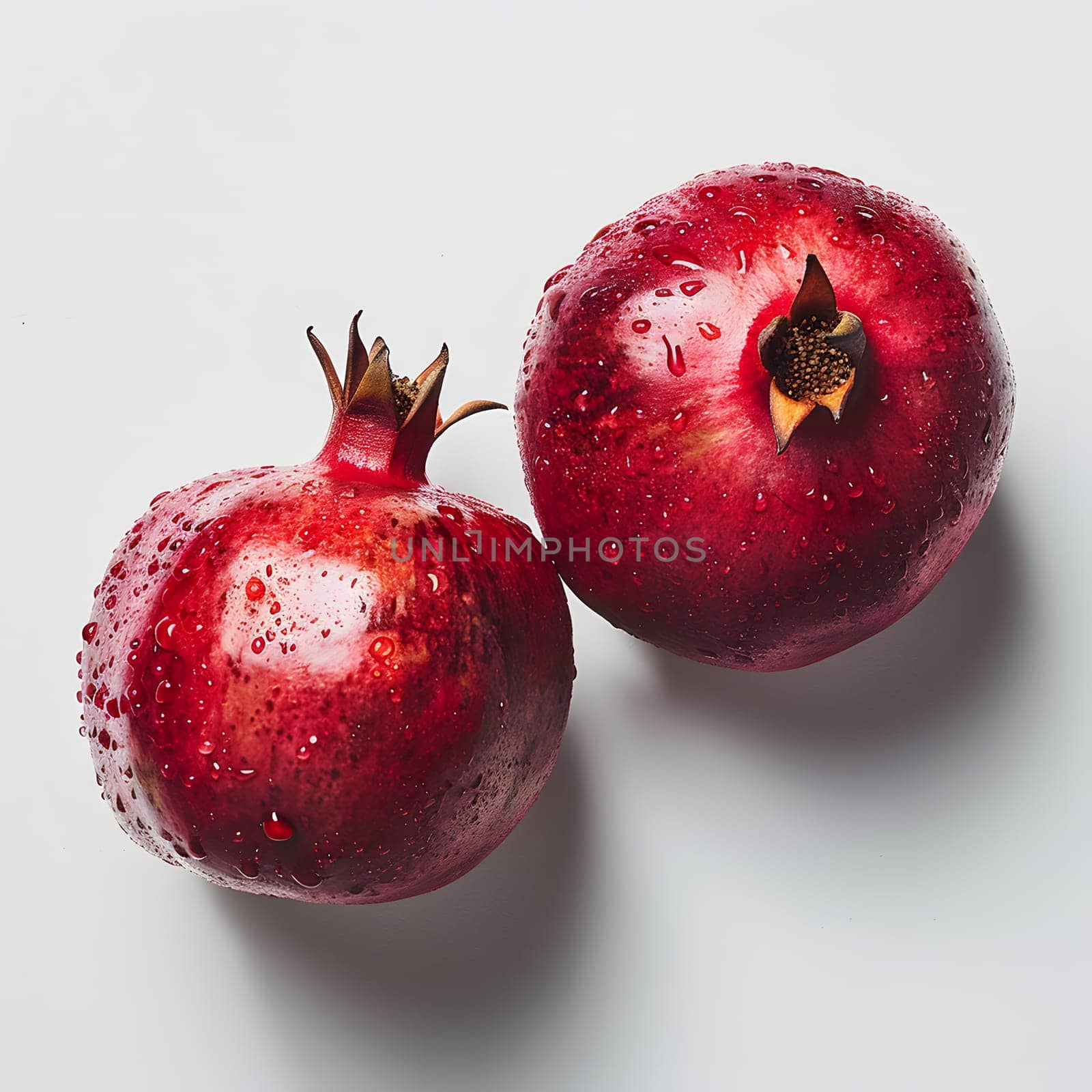 Two pomegranates, a type of fruit that is considered a natural food, are placed on a white surface with water drops on them, showcasing their vibrant color and freshness