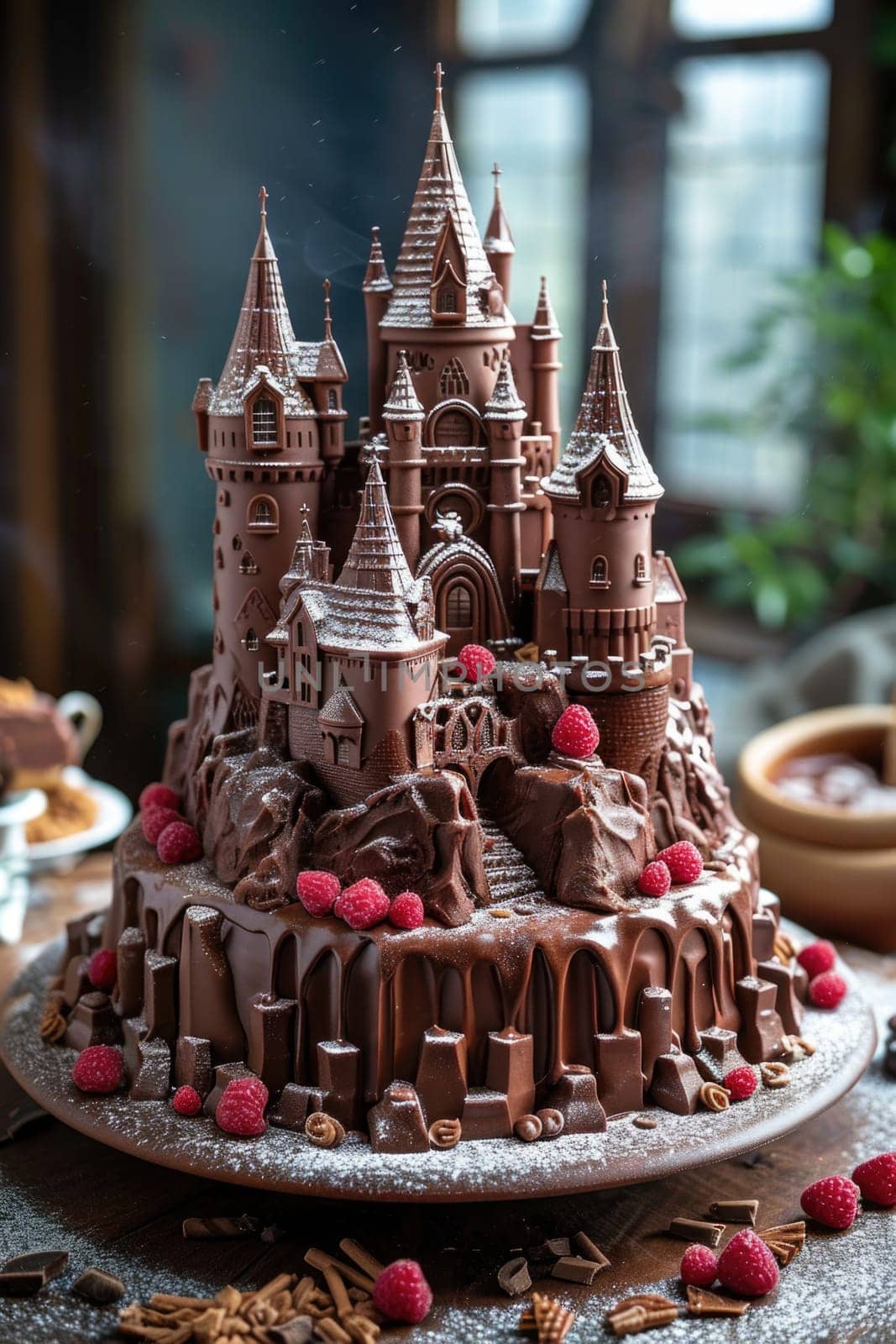 A designer large handmade chocolate cake castle stands on the table.