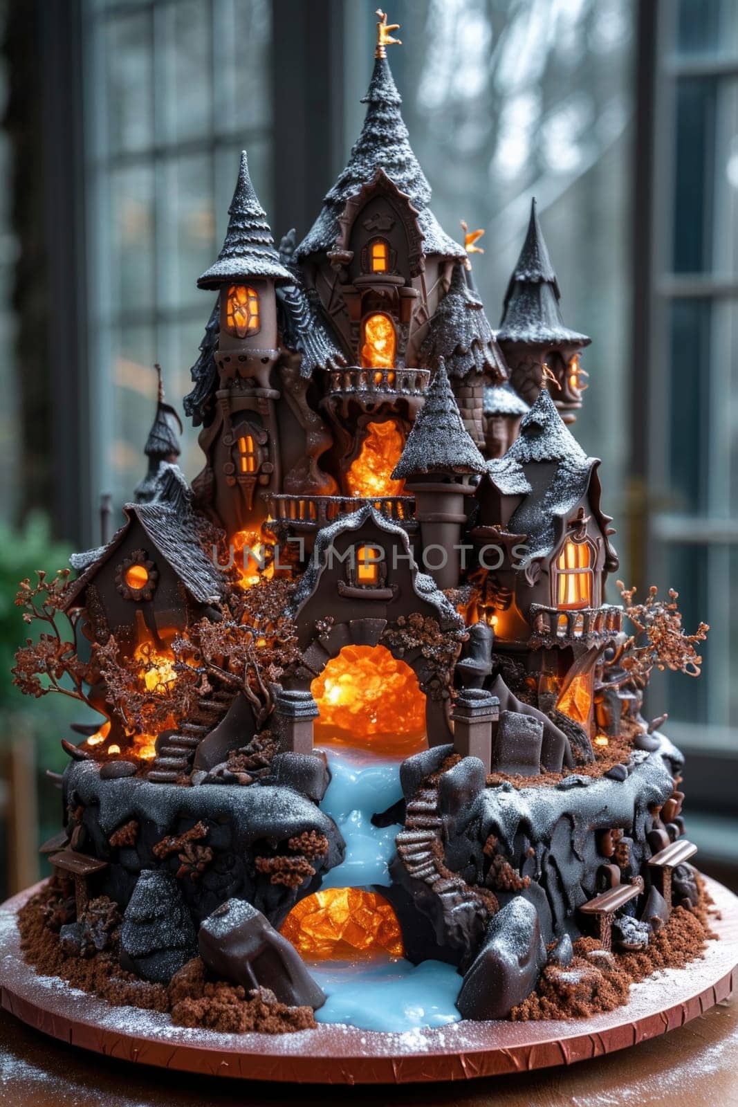 A designer large handmade chocolate cake castle stands on the table.