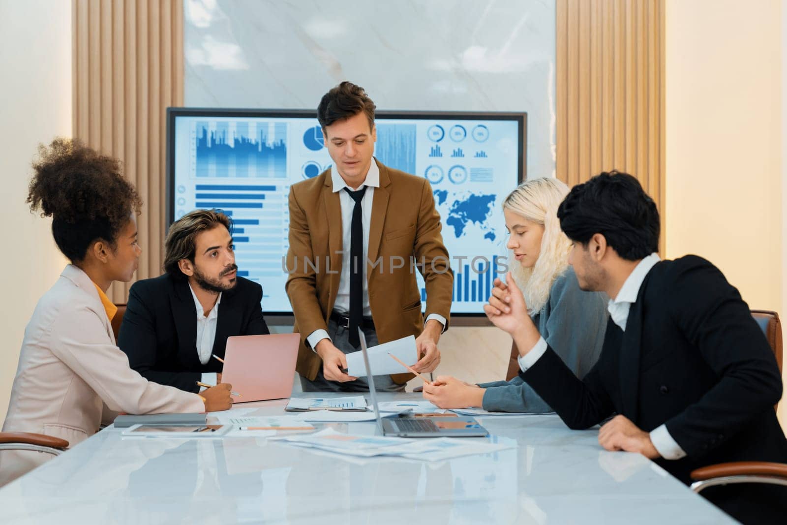 Portrait of professional smart business team discussion about start up project. Group of skilled businesspeople planing, brainstorming, sharing idea strategy. Discussion business meeting. Ornamented.