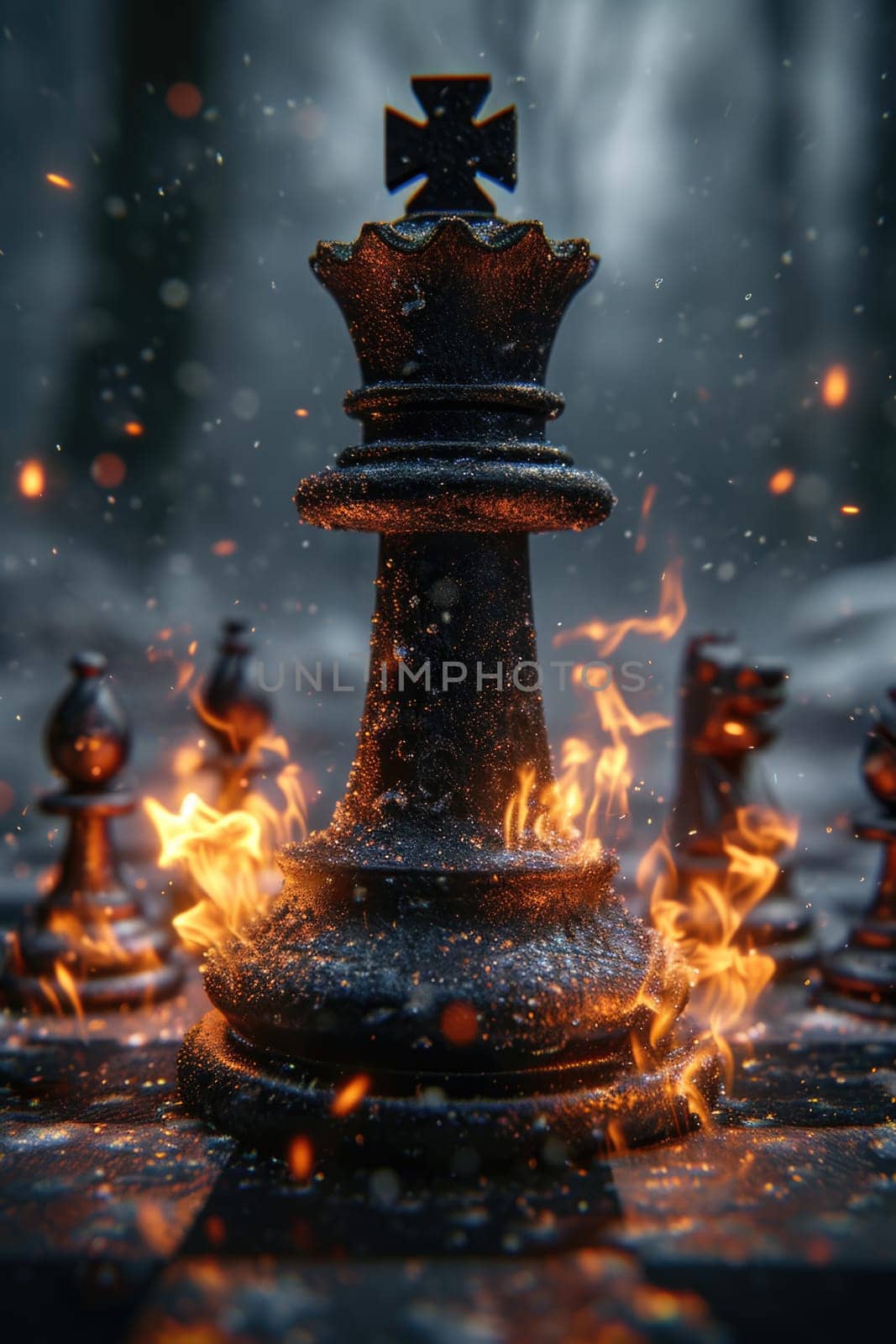 The chess king's piece is on fire in the street by Lobachad