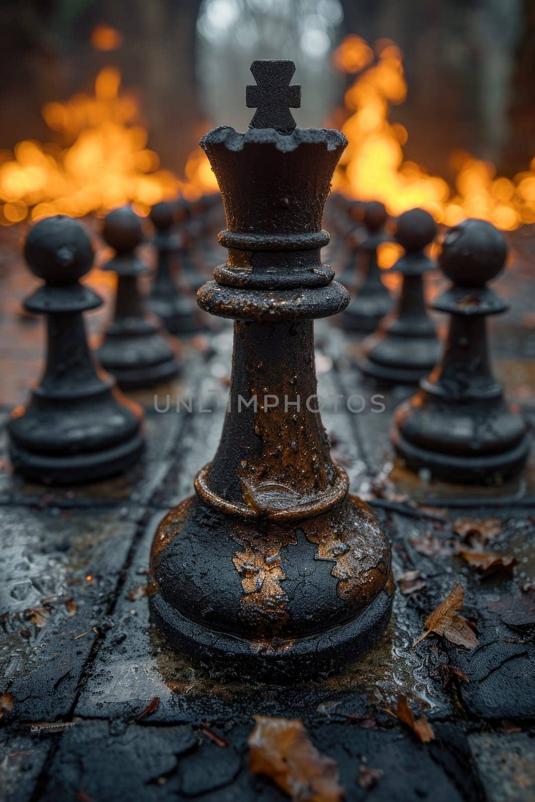 stylish black chess stands on a chessboard and a fire is burning around. Gloomy environment.