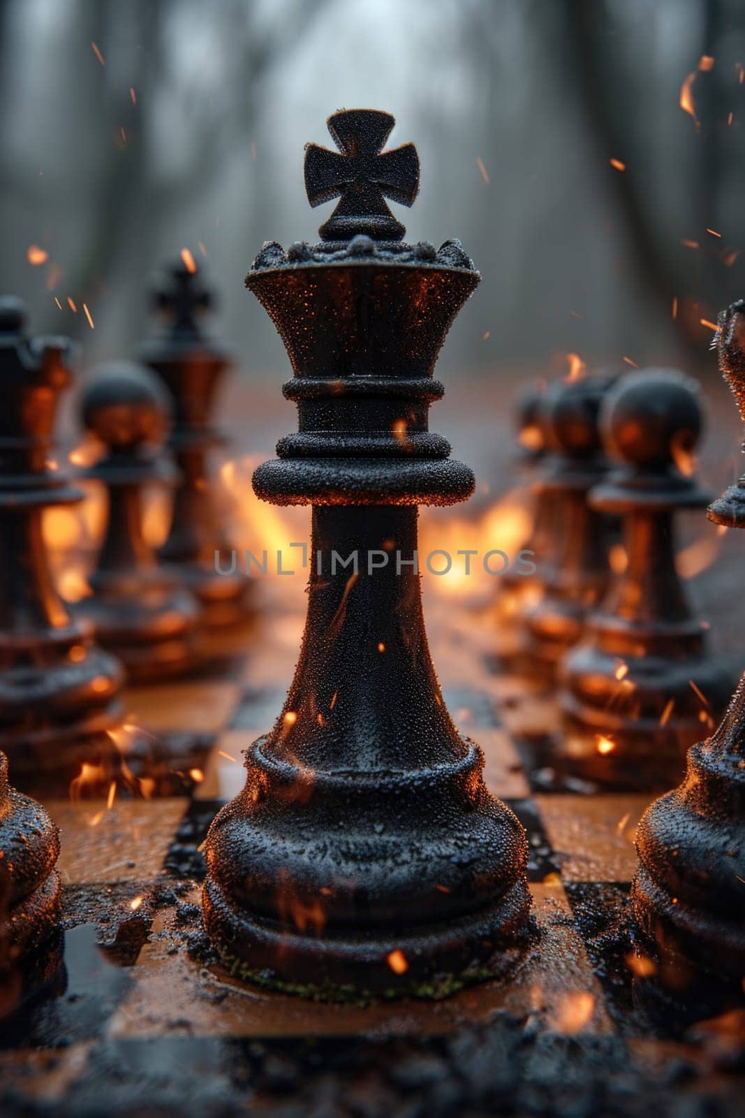 stylish black chess stands on a chessboard and a fire is burning around. Gloomy environment.