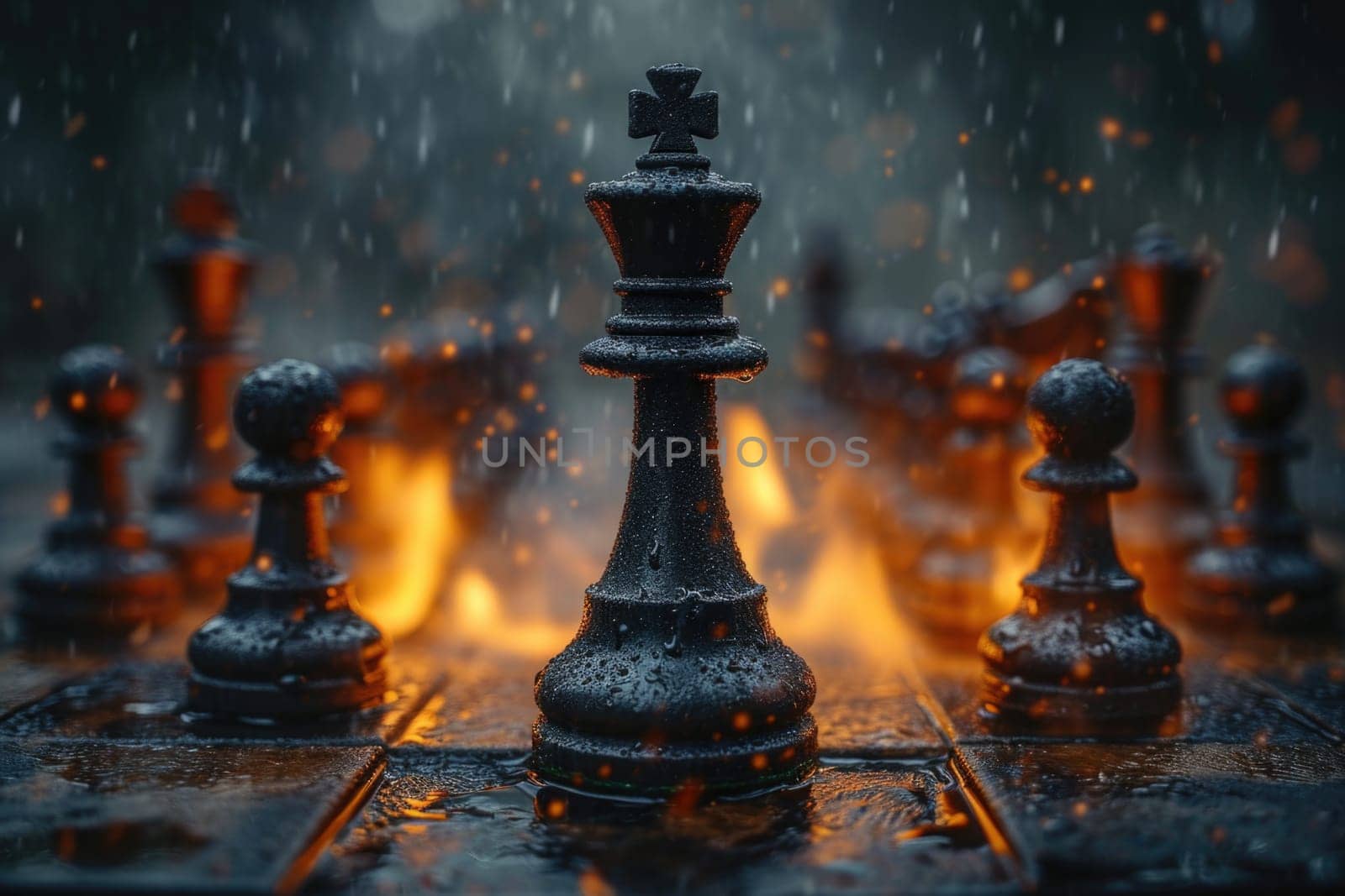 stylish black chess stands on a chessboard and a fire is burning around. Gloomy environment.