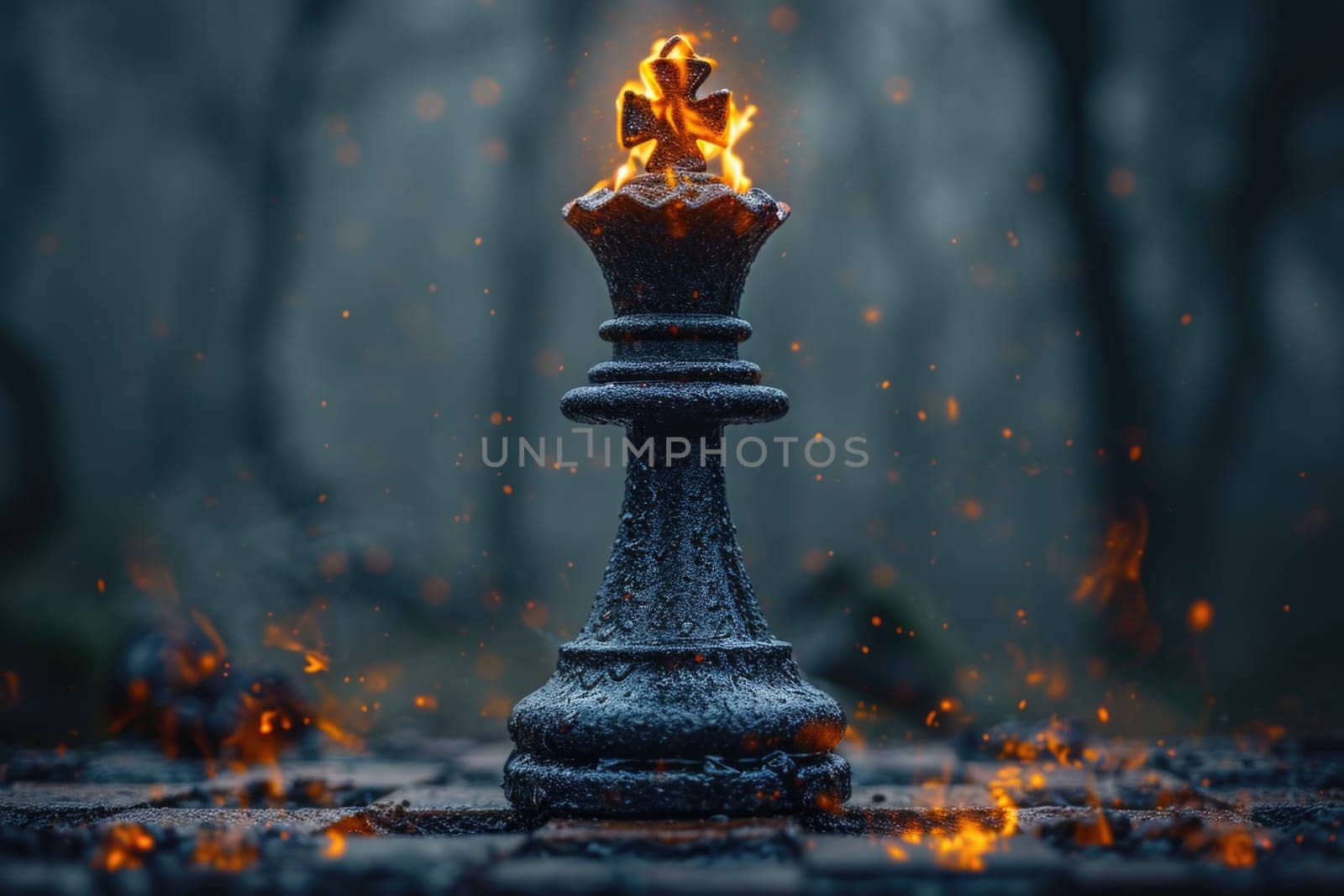 The chess king's piece is on fire in the street.