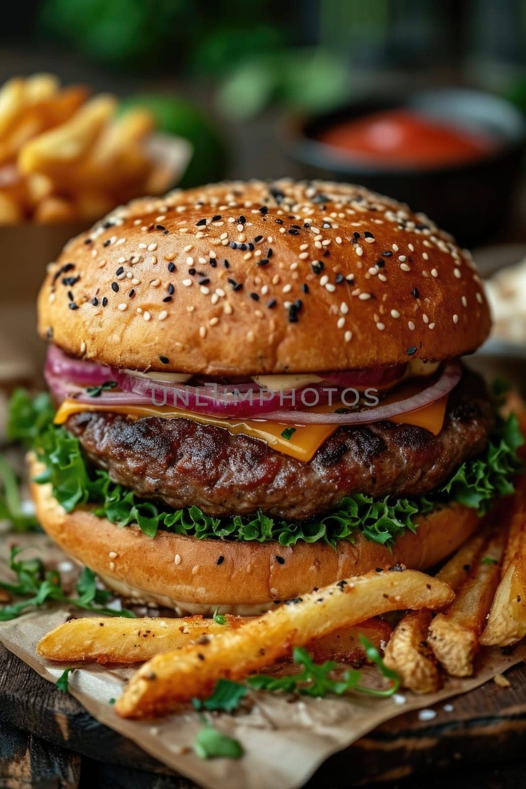 Burger with bacon, meat, cheese, tomatoes and herbs on the table. Close-up.