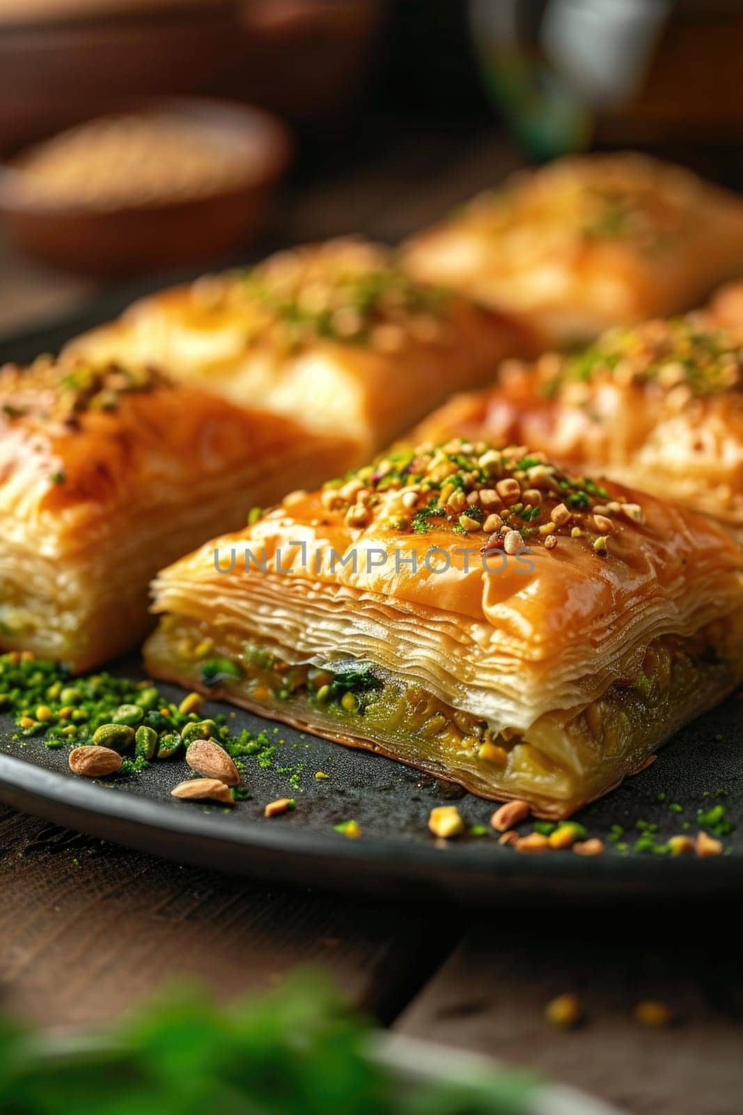 Sweet golden praise on the tray. Oriental sweets.