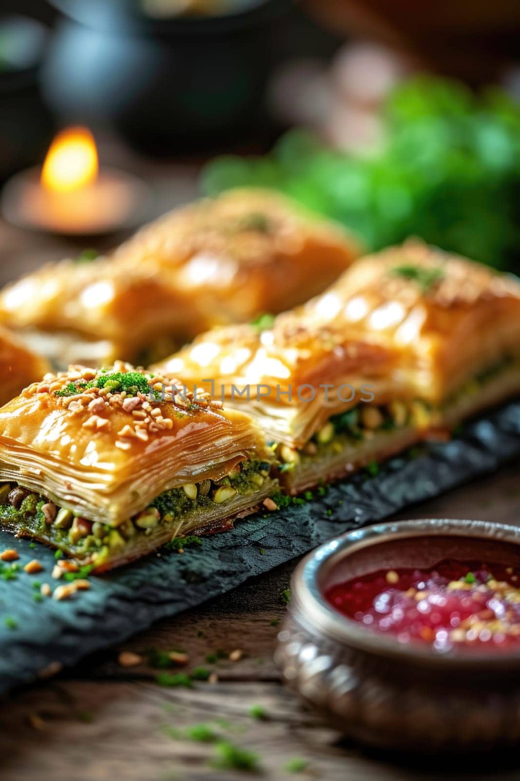 Sweet golden praise on the tray. Oriental sweets.